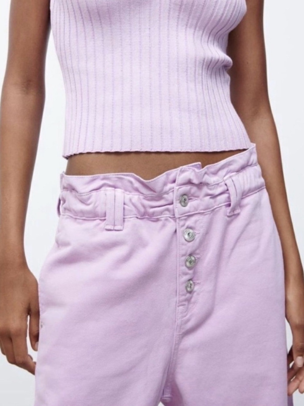 ZARA Lavender High Waisted Baggy Cropped Paper Bag Denim Jeans Size 12
